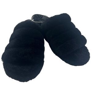 Ugg Fluff Yeah Black‎ Slides Womens Faux Fur Fuz Stretch Strap Soft Thick Size 7